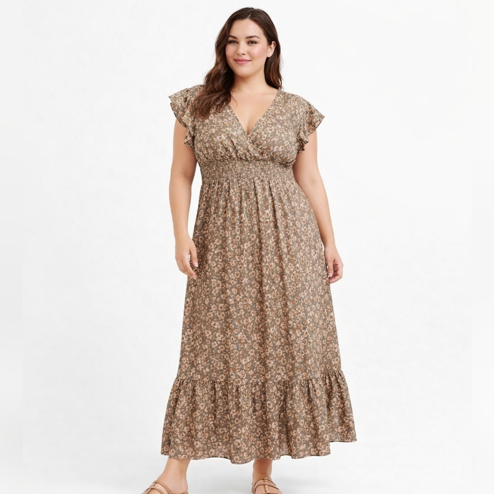 SHEIN Tan & Green Floral Maxi Dress | Size 1XL (Fits 12–16) | Boho Smocked Waist